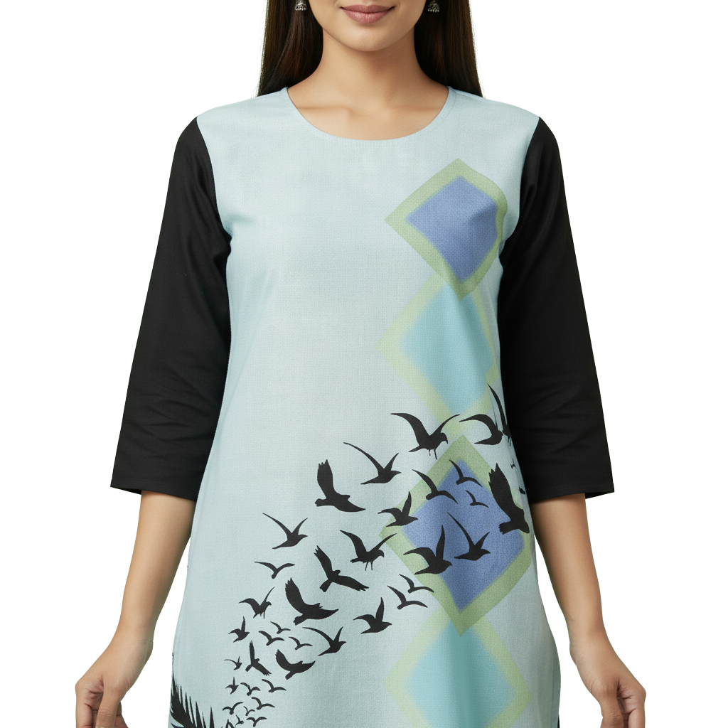 MOON FLY WOMEN CREPE PRINTED STRAIGHT KURTI | ROUND NECK | 3/4 SLEEVES | KNEE LENGTH | CASUAL OFFICE WEAR KURTI FOR WOMEN | LIGHT BLUE AND BLACK ARTICLE NO WSKD3C1
