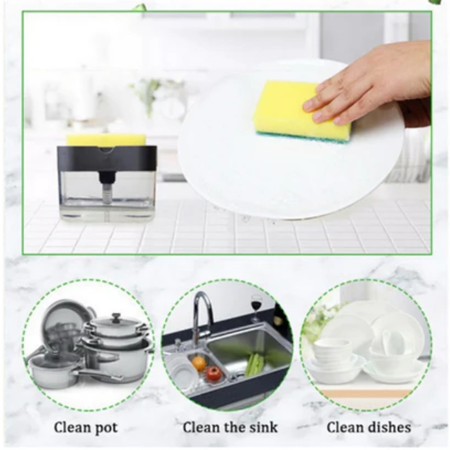 WELLMORA 2-IN-1 LIQUID SOAP DISPENSER ON COUNTERTOP WITH SPONGE HOLDER ARTICLE NO HKLSDOCWSWD1M
