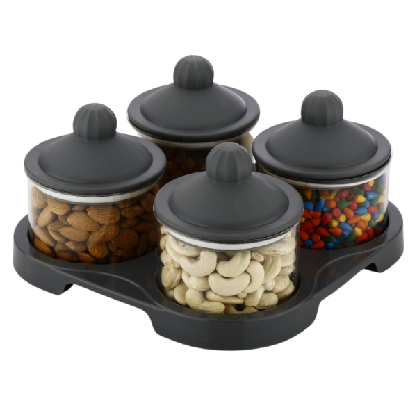 WELLMORA MULTIPURPOSE SERVING SET (4 AIRTIGHT BOWL WITH TRAY SET) DRY FRUIT, CHOCOLATE, MOUTH FRESHENER CONTAINER WITH TRAY SET (PLASTIC, BROWN, BEIGE) ARTICLE NO HKDFTWD12M
