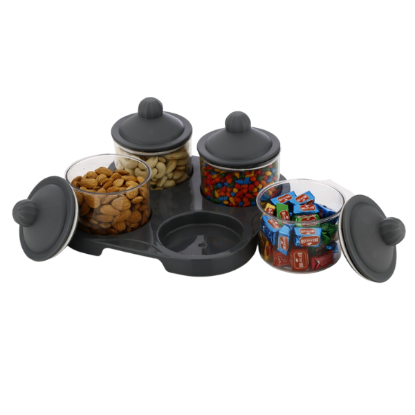 WELLMORA MULTIPURPOSE SERVING SET (4 AIRTIGHT BOWL WITH TRAY SET) DRY FRUIT, CHOCOLATE, MOUTH FRESHENER CONTAINER WITH TRAY SET (PLASTIC, BROWN, BEIGE) ARTICLE NO HKDFTWD12M