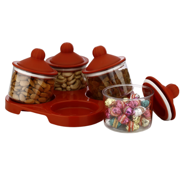 WELLMORA MULTIPURPOSE SERVING SET (4 AIRTIGHT BOWL WITH TRAY SET) DRY FRUIT, CHOCOLATE, MOUTH FRESHENER CONTAINER WITH TRAY SET (PLASTIC, BROWN, BEIGE) ARTICLE NO HKDFTWD12M