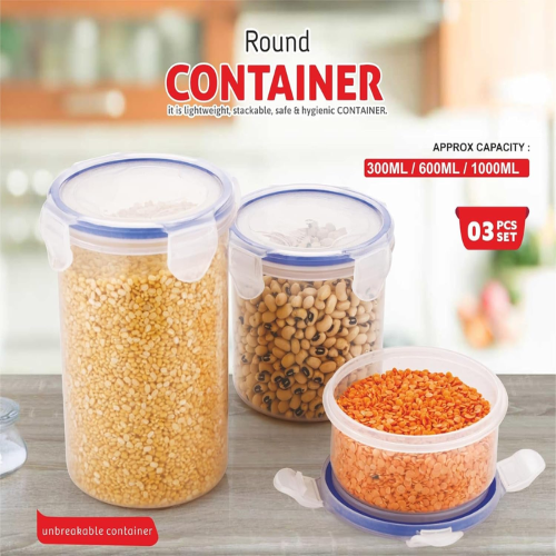 WELLMORA Round Container Plastic Airtight Food Storage Containers with Leak Proof Locking Lid Storage container Set of 3 (500ml - 1000ml - 1500ml) ARTICLE NO HKWMCRBMD3M
