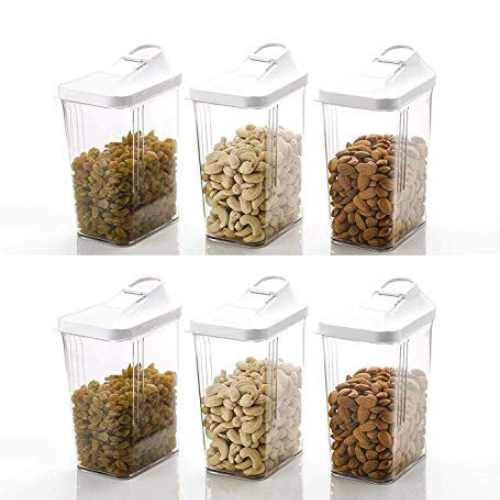 WELLMORA Plastic Easy Flow Dispenser 750ml, Kitchen Storage Containers Jars Set- 6, Plastic Dispenser/Container/Jar Set for Cereals, Rice, Pulses(Transparent, Set of 6) ARTICLE NO HKWMCRBMD4M