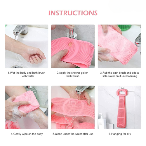 WELLMORA Silicone Body Back Scrubber Double Side Bathing Brush for Skin Deep Cleaning Massage, Dead Skin Removal Exfoliating Belt for Shower, Easy to Clean (BODY BACK BELT SCRUBBER) ARTICLE NO HKSBBSBD1M