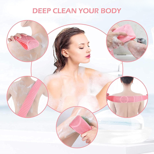 WELLMORA Silicone Body Back Scrubber Double Side Bathing Brush for Skin Deep Cleaning Massage, Dead Skin Removal Exfoliating Belt for Shower, Easy to Clean (BODY BACK BELT SCRUBBER) ARTICLE NO HKSBBSBD1M