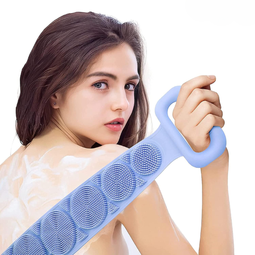 WELLMORA Silicone Body Back Scrubber Double Side Bathing Brush for Skin Deep Cleaning Massage, Dead Skin Removal Exfoliating Belt for Shower, Easy to Clean (BODY BACK BELT SCRUBBER) ARTICLE NO HKSBBSBD1M