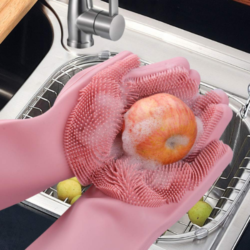 WELLMORA Silicone Cleaning Hand Gloves for Kitchen Dishwashing and Pet Grooming, Washing Dish, Car, Bathroom (Multicolour) -Pack of 1 Pair ARTICLE NO HKSBBSBD2M