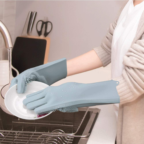 WELLMORA Silicone Cleaning Hand Gloves for Kitchen Dishwashing and Pet Grooming, Washing Dish, Car, Bathroom (Multicolour) -Pack of 1 Pair ARTICLE NO HKSBBSBD2M
