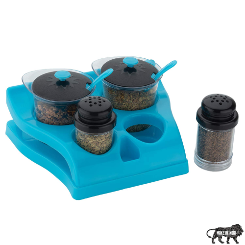 WELLMORA Dining Spice Box Plastic 4 Piece Spices Tray For Dining table Kitchen Home 4Pcs Dining table Storage Container With tray Stand Pickle Jar Set & Salt Pepper Container With Stand(Set of 4Pcs) ARTICLE NO. HKPSWMD3M