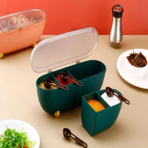 WELLMORA Spice box with spoon for kitchen, Plastic 4 grid seasoning spice box for Dining Table masala Stand box dabba, 4 compartment seasoning storage container for spice (1 pc, Multicolor) ARTICLE NO HKSPCWD4M