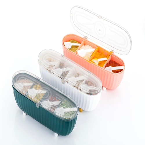 WELLMORA Spice box with spoon for kitchen, Plastic 4 grid seasoning spice box for Dining Table masala Stand box dabba, 4 compartment seasoning storage container for spice (1 pc, Multicolor) ARTICLE NO HKSPCWD4M