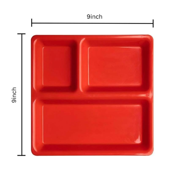WELLMORA Acrylic Pav Bhaji Square 3 in 1 Compartment Dinner Plates | Red | Pack of 6 | 9inch ARTICLE NO HKPPPSD1M