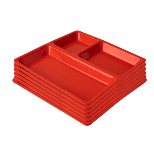 WELLMORA Acrylic Pav Bhaji Square 3 in 1 Compartment Dinner Plates | Red | Pack of 6 | 9inch ARTICLE NO HKPPPSD1M