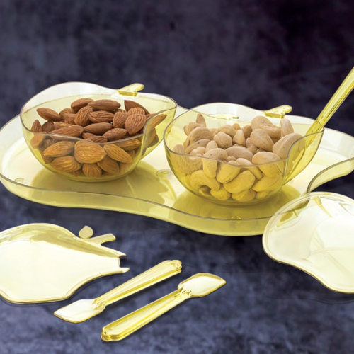 WELLMORA Apple Shape Bowl with Tray Serving Set – Elegant Bowl with Spoon & Tray for Serving Snacks, Pickles & Sides, Stylish Dinnerware for Home, Parties & Gifting, Durable & Easy to Clean (Set of 2) ARTICLE NO HKDFTWD18M