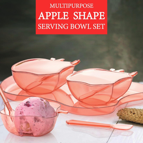 WELLMORA Apple Shape Bowl with Tray Serving Set – Elegant Bowl with Spoon & Tray for Serving Snacks, Pickles & Sides, Stylish Dinnerware for Home, Parties & Gifting, Durable & Easy to Clean (Set of 2) ARTICLE NO HKDFTWD18M