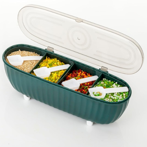 WELLMORA Spice box with spoon for kitchen, Plastic 4 grid seasoning spice box for Dining Table masala Stand box dabba, 4 compartment seasoning storage container for spice (1 pc, Multicolor) ARTICLE NO HKSPCWD4M