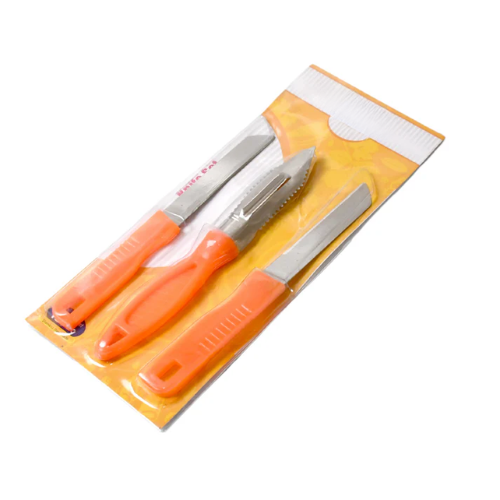 AIROTRON STAINLESS STEEL KITCHEN KNIFE SET OF 2 WITH FREE PEELER FOR FRUITS AND VEGETABLE CHOPPING / CUTTING / PEELING / VEGETABLE PEELER / PLAIN KNIFE.SHARP STAINLESS STEEL STRAIGHT EDGE AND WAVY EDGE KNIVES. ARTICLE NO HKTCPD3M
