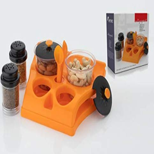 WELLMORA Dining Spice Box Plastic 4 Piece Spices Tray For Dining table Kitchen Home 4Pcs Dining table Storage Container With tray Stand Pickle Jar Set & Salt Pepper Container With Stand(Set of 4Pcs) ARTICLE NO. HKPSWMD3M