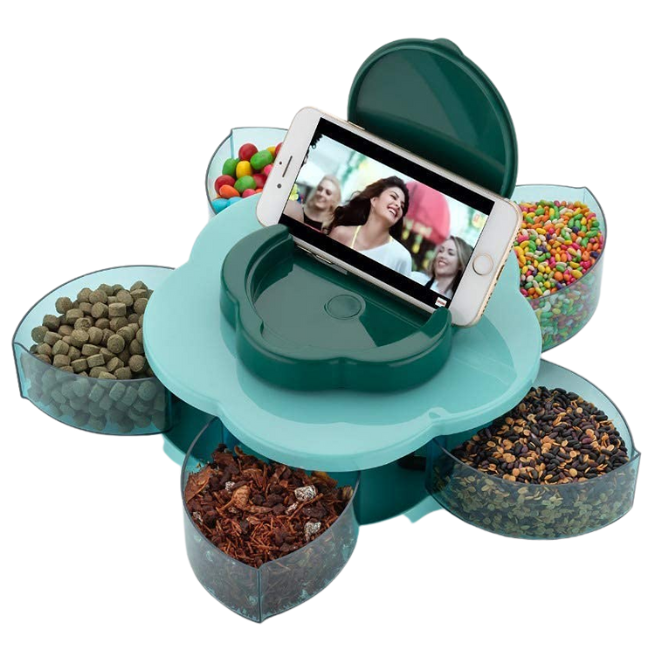 WELLMORA 5 COMPARTMENTS FLOWER CANDY BOX SERVING ROTATING TRAY DRY FRUIT, CANDY, CHOCOLATE, SNACKS STORAGE BOX,STORAGE CONTAINER, MASALA BOX FOR HOME KITCHEN (NEW SMART CNADY BOX) ARTICLE NO HKDFTWD1M