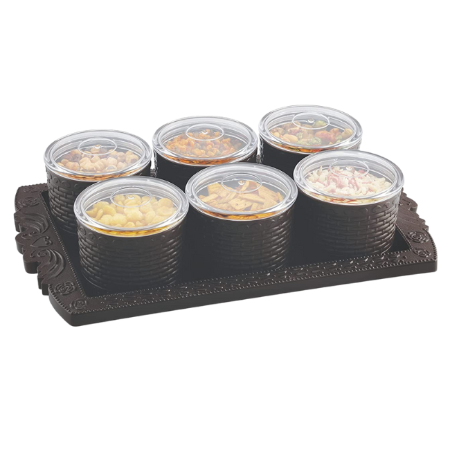 WELLMORA MULTIPURPOSE SERVING SET (6 AIRTIGHT BOWL WITH TRAY SET) DRY FRUIT, CHOCOLATE, MOUTH FRESHENER CONTAINER WITH TRAY SET (PLASTIC, BROWN, BEIGE) ARTICLE NO HKDFTWD3M