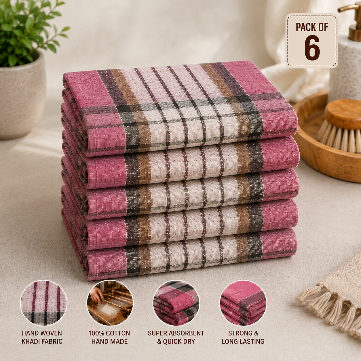 TinyShades Khadi Cotton Dusting Cloth | Handwoven Handmade Cleaning Cloth | Soft, Absorbent & Quick Dry | 18 x 20 Inch | Pack of 6