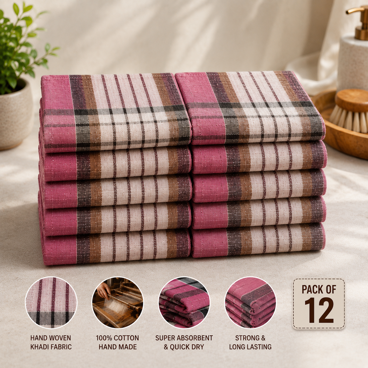 TinyShades Khadi Cotton Dusting Cloth | Handwoven Handmade Cleaning Cloth | Soft, Absorbent & Quick Dry | 18 x 20 Inch | Pack of 6