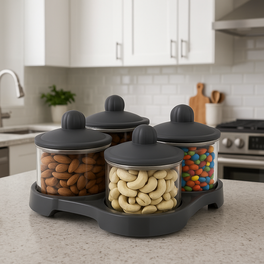 WELLMORA MULTIPURPOSE SERVING SET (4 AIRTIGHT BOWL WITH TRAY SET) DRY FRUIT, CHOCOLATE, MOUTH FRESHENER CONTAINER WITH TRAY SET (PLASTIC, BROWN, BEIGE) ARTICLE NO HKDFTWD12M