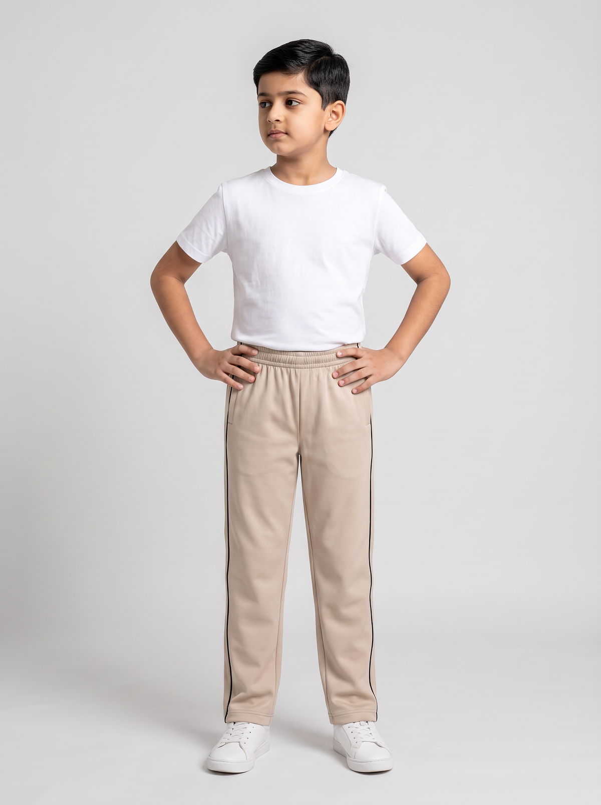 MOON FLY BOYS TRACK PANTS | SOLID BEIGE REGULAR FIT LOWER WITH ELASTIC WAIST & SIDE PIPING | CASUAL SPORTSWEAR JOGGERS FOR BOYS
