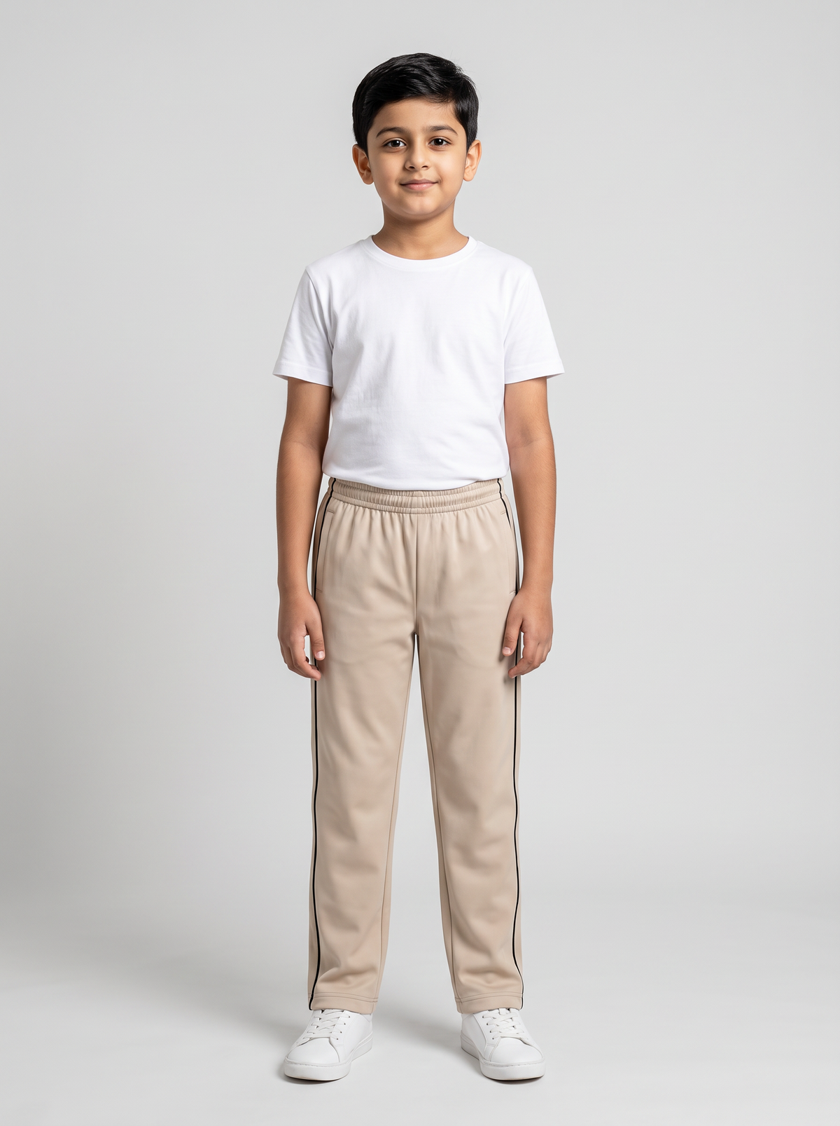 MOON FLY BOYS TRACK PANTS | SOLID BEIGE REGULAR FIT LOWER WITH ELASTIC WAIST & SIDE PIPING | CASUAL SPORTSWEAR JOGGERS FOR BOYS
