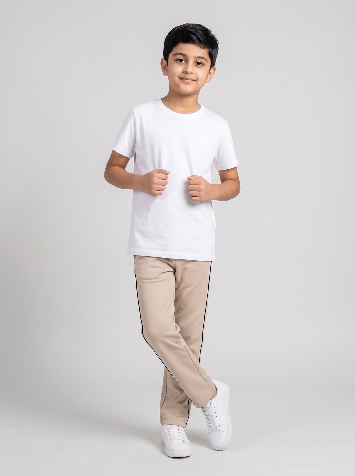 MOON FLY BOYS TRACK PANTS | SOLID BEIGE REGULAR FIT LOWER WITH ELASTIC WAIST & SIDE PIPING | CASUAL SPORTSWEAR JOGGERS FOR BOYS