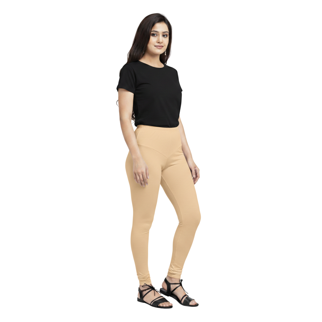 MOON FLY WOMEN 4 WAY STRETCH BEIGE CHURIDAAR LEGGINGS | HIGH RISE ELASTIC WAIST | SOLID FULL LENGTH | DAILY & ETHNIC WEAR
