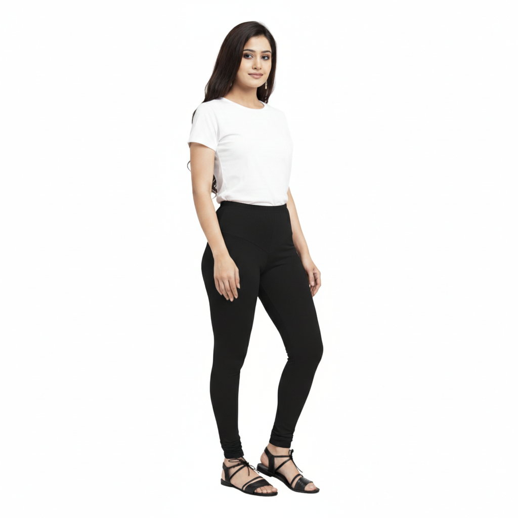 MOON FLY WOMEN 4 WAY STRETCH BLACK CHURIDAAR LEGGINGS | HIGH RISE ELASTIC WAIST | SOLID FULL LENGTH | DAILY & ETHNIC WEAR
