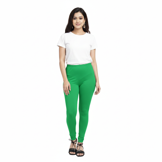 MOON FLY WOMEN 4 WAY STRETCH GREEN CHURIDAAR LEGGINGS | HIGH RISE ELASTIC WAIST | SOLID FULL LENGTH | DAILY & ETHNIC WEAR