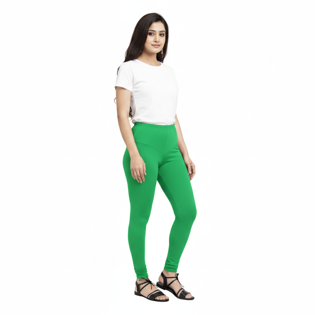 MOON FLY WOMEN 4 WAY STRETCH GREEN CHURIDAAR LEGGINGS | HIGH RISE ELASTIC WAIST | SOLID FULL LENGTH | DAILY & ETHNIC WEAR