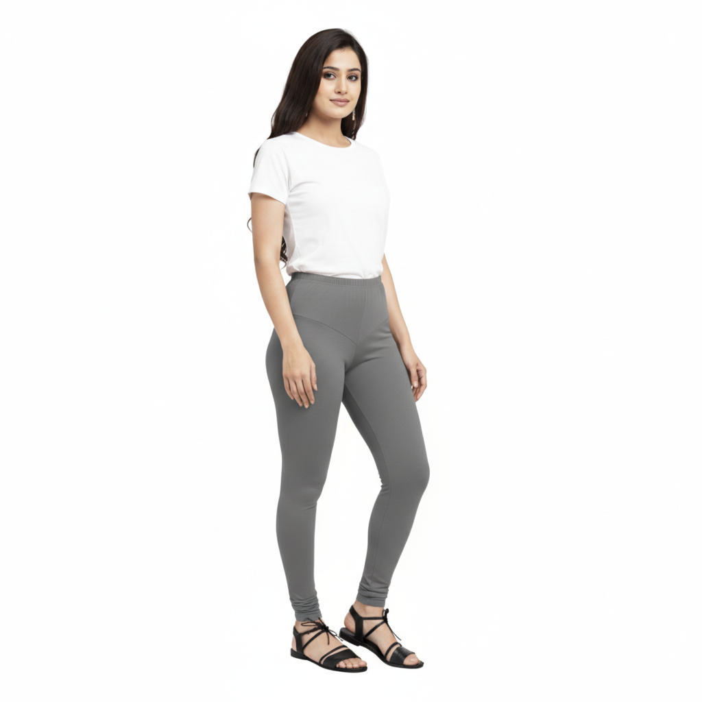 MOON FLY WOMEN 4 WAY STRETCH GREY CHURIDAAR LEGGINGS | HIGH RISE ELASTIC WAIST | SOLID FULL LENGTH | DAILY & ETHNIC WEAR