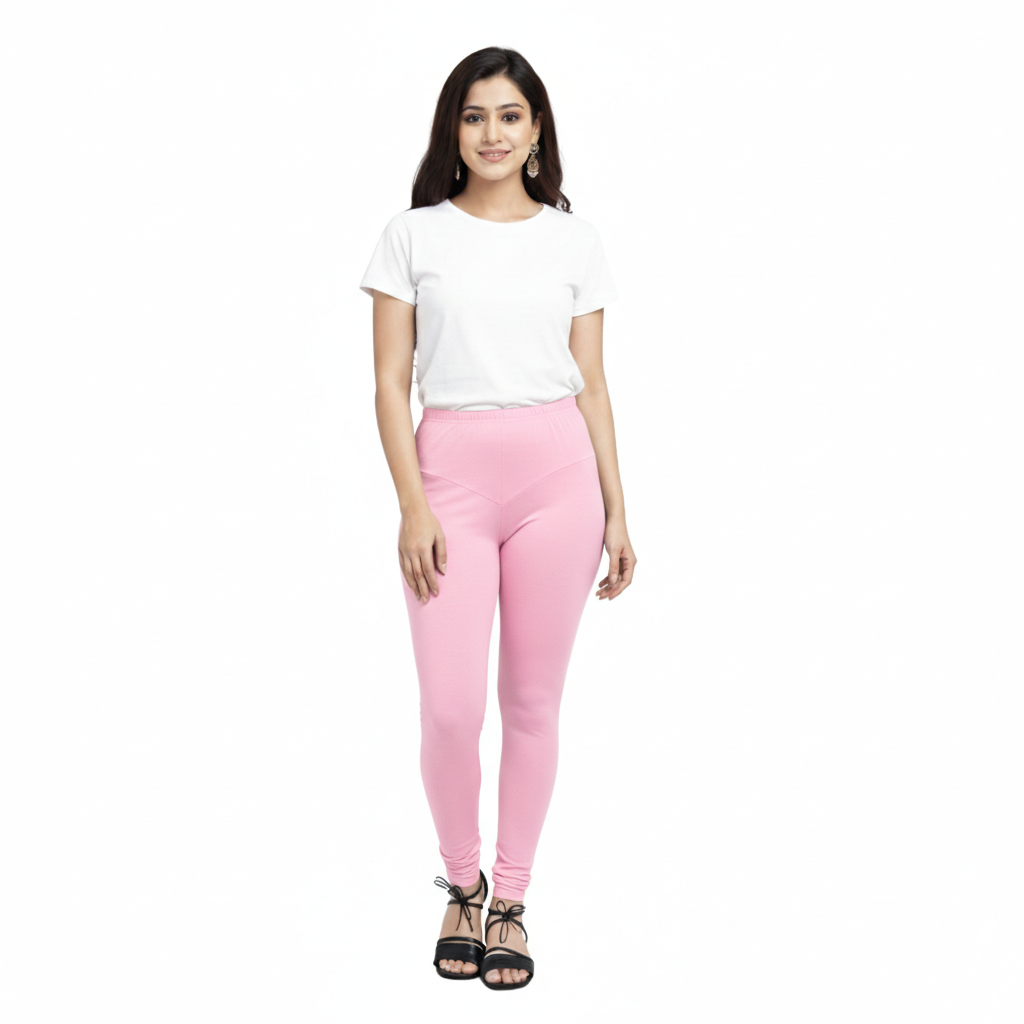 MOON FLY WOMEN 4 WAY STRETCH LIGHT PINK CHURIDAAR LEGGINGS | HIGH RISE ELASTIC WAIST | SOLID FULL LENGTH | DAILY & ETHNIC WEAR