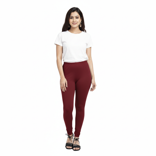 MOON FLY WOMEN 4 WAY STRETCH MAROON CHURIDAAR LEGGINGS | HIGH RISE ELASTIC WAIST | SOLID FULL LENGTH | DAILY & ETHNIC WEAR