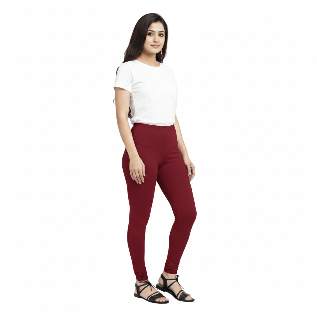 MOON FLY WOMEN 4 WAY STRETCH MAROON CHURIDAAR LEGGINGS | HIGH RISE ELASTIC WAIST | SOLID FULL LENGTH | DAILY & ETHNIC WEAR