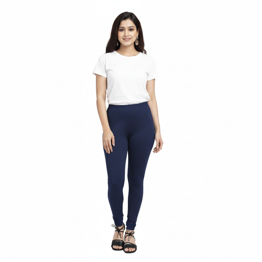 MOON FLY WOMEN 4 WAY STRETCH NAVY BLUE CHURIDAAR LEGGINGS | HIGH RISE ELASTIC WAIST | SOLID FULL LENGTH | DAILY & ETHNIC WEAR