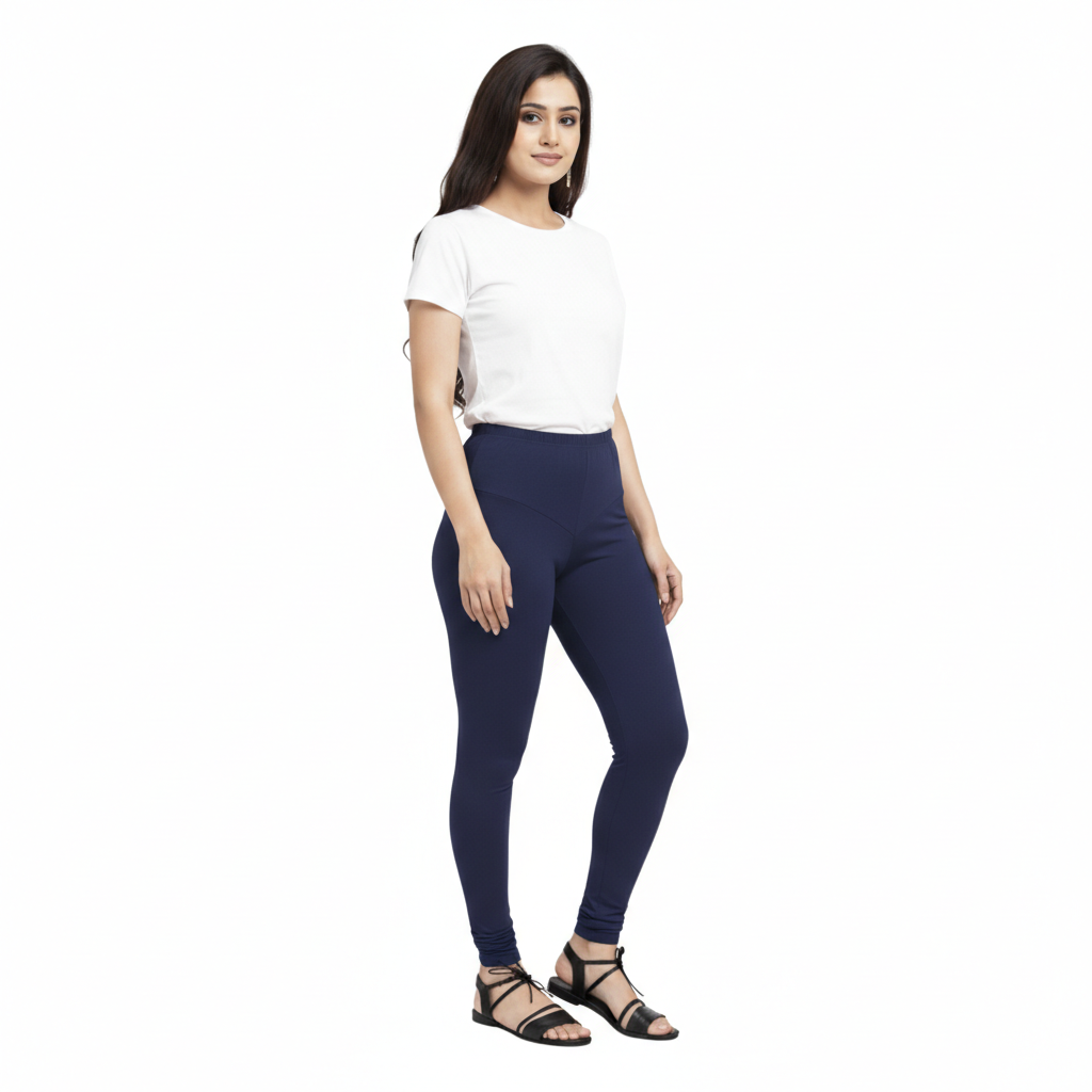 MOON FLY WOMEN 4 WAY STRETCH NAVY BLUE CHURIDAAR LEGGINGS | HIGH RISE ELASTIC WAIST | SOLID FULL LENGTH | DAILY & ETHNIC WEAR