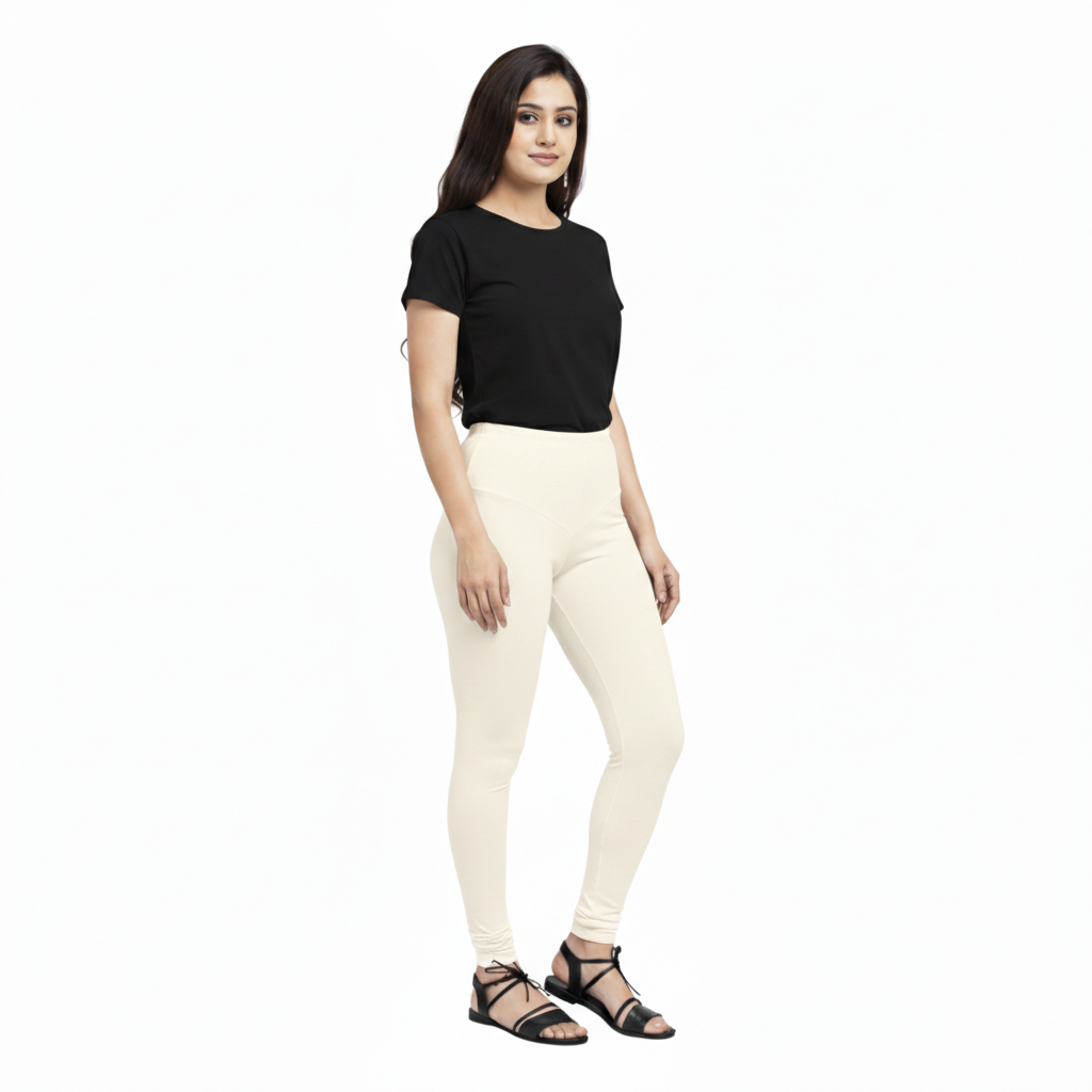 MOON FLY WOMEN 4 WAY STRETCH OFF WHITE CHURIDAAR LEGGINGS | HIGH RISE ELASTIC WAIST | SOLID FULL LENGTH | DAILY & ETHNIC WEAR