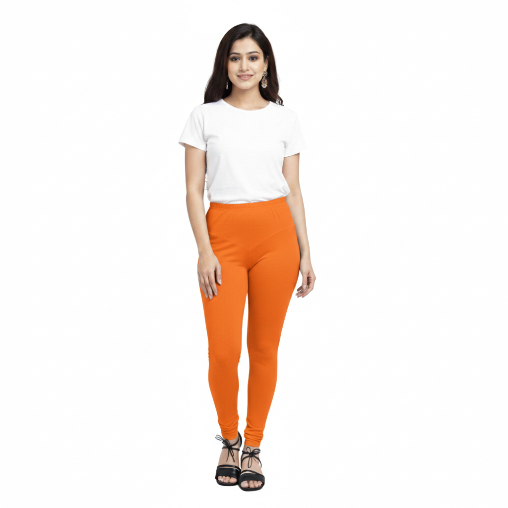 MOON FLY WOMEN 4 WAY STRETCH ORANGE CHURIDAAR LEGGINGS | HIGH RISE ELASTIC WAIST | SOLID FULL LENGTH | DAILY & ETHNIC WEAR
