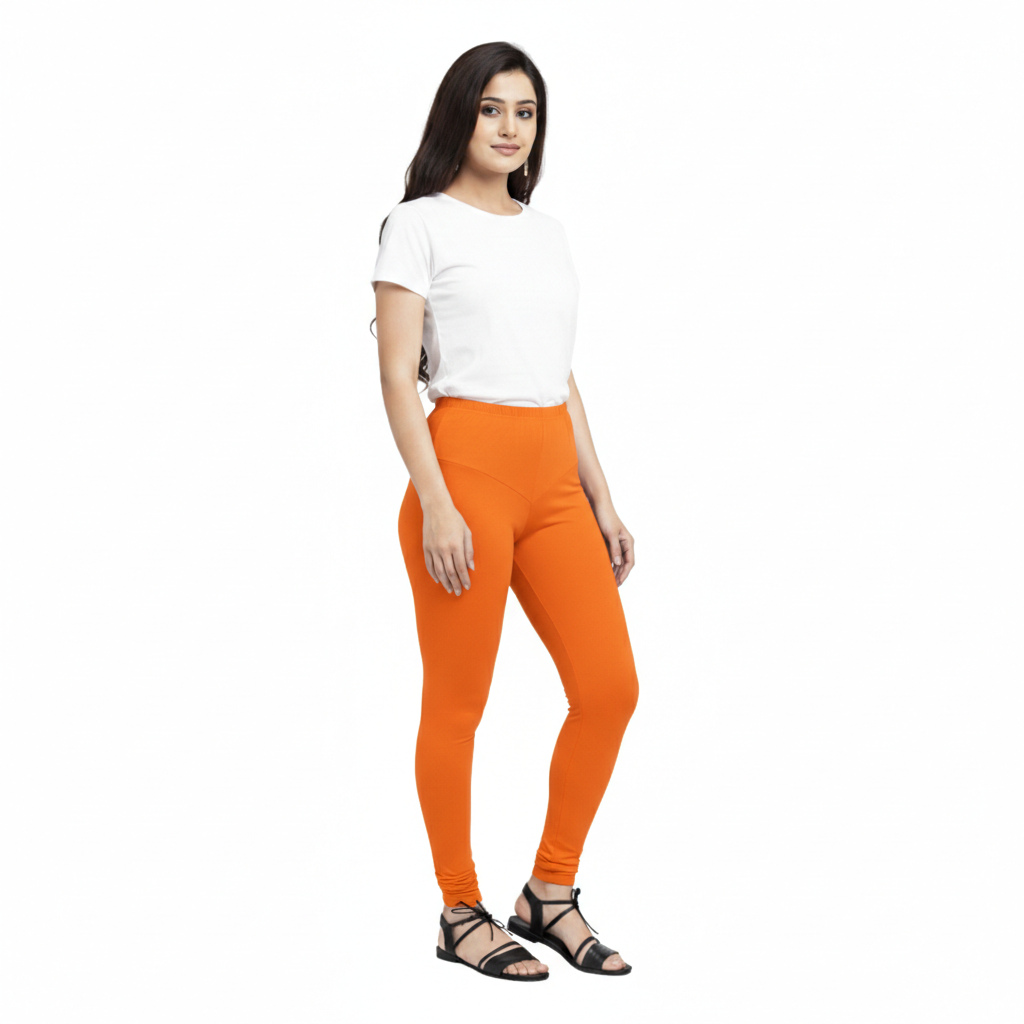 MOON FLY WOMEN 4 WAY STRETCH ORANGE CHURIDAAR LEGGINGS | HIGH RISE ELASTIC WAIST | SOLID FULL LENGTH | DAILY & ETHNIC WEAR