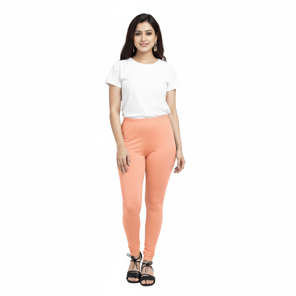 MOON FLY WOMEN 4 WAY STRETCH PEACH CHURIDAAR LEGGINGS | HIGH RISE ELASTIC WAIST | SOLID FULL LENGTH | DAILY & ETHNIC WEAR