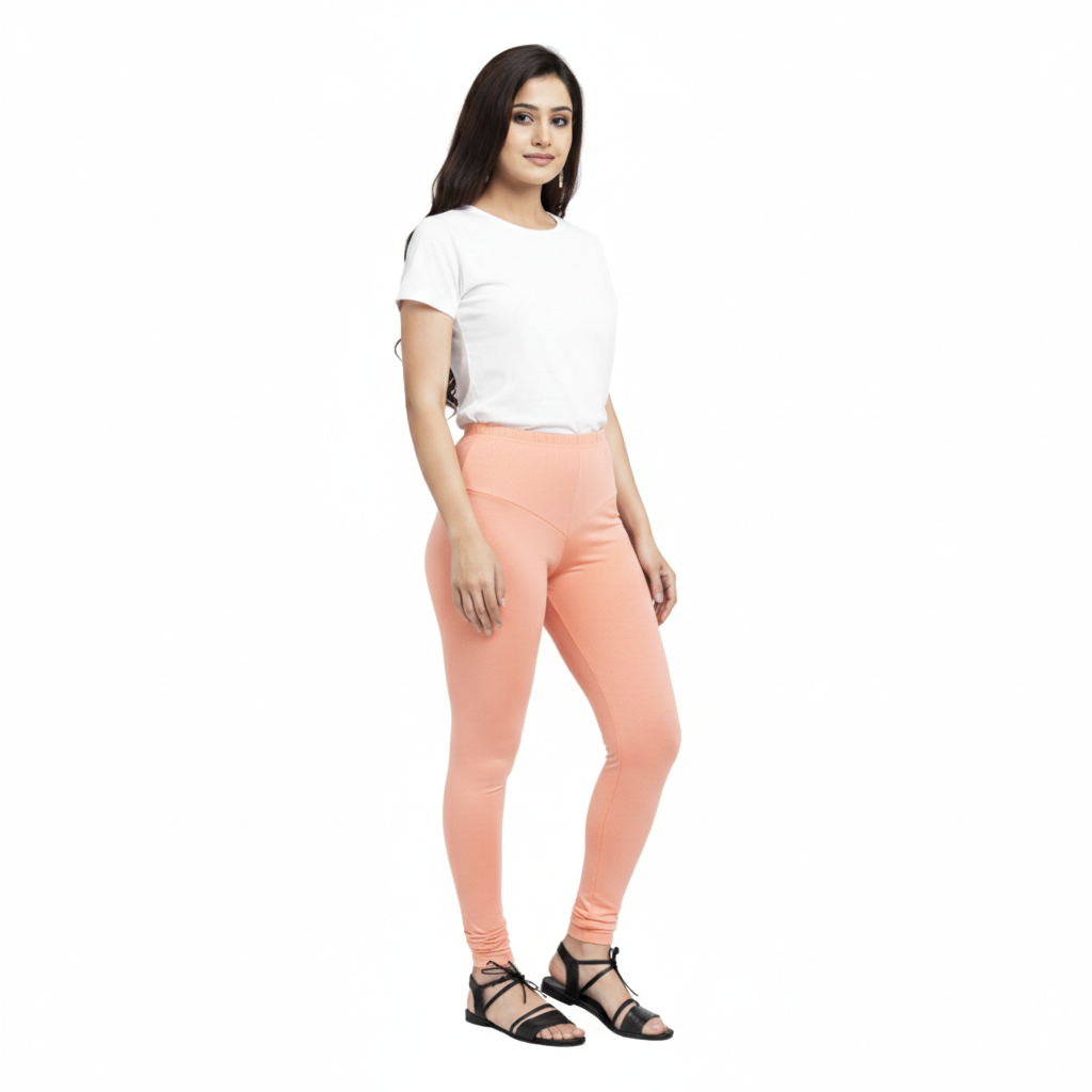 MOON FLY WOMEN 4 WAY STRETCH PEACH CHURIDAAR LEGGINGS | HIGH RISE ELASTIC WAIST | SOLID FULL LENGTH | DAILY & ETHNIC WEAR