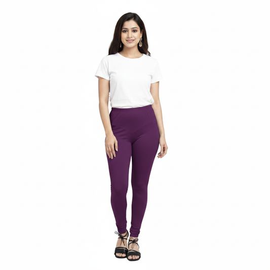 MOON FLY WOMEN 4 WAY STRETCH PURPLE CHURIDAAR LEGGINGS | HIGH RISE ELASTIC WAIST | SOLID FULL LENGTH | DAILY & ETHNIC WEAR