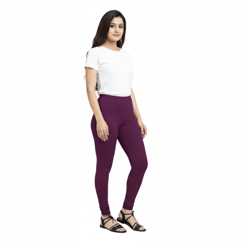 MOON FLY WOMEN 4 WAY STRETCH PURPLE CHURIDAAR LEGGINGS | HIGH RISE ELASTIC WAIST | SOLID FULL LENGTH | DAILY & ETHNIC WEAR
