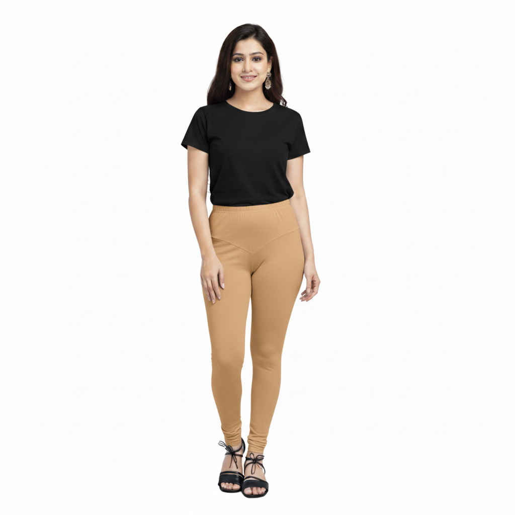 MOON FLY WOMEN 4 WAY STRETCH TAN CHURIDAAR LEGGINGS | HIGH RISE ELASTIC WAIST | SOLID FULL LENGTH | DAILY & ETHNIC WEAR