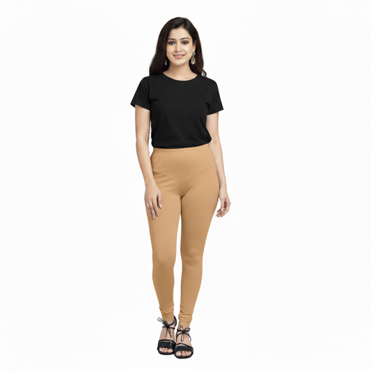MOON FLY WOMEN 4 WAY STRETCH TAN CHURIDAAR LEGGINGS | HIGH RISE ELASTIC WAIST | SOLID FULL LENGTH | DAILY & ETHNIC WEAR
