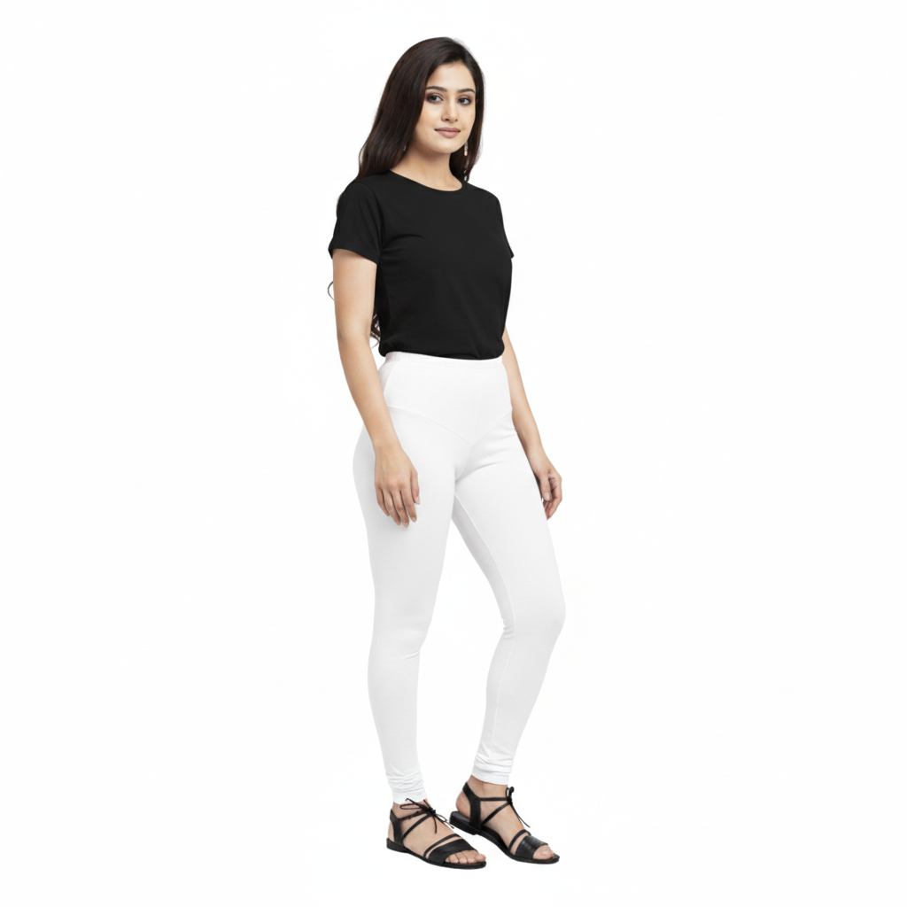 MOON FLY WOMEN 4 WAY STRETCH WHITE CHURIDAAR LEGGINGS | HIGH RISE ELASTIC WAIST | SOLID FULL LENGTH | DAILY & ETHNIC WEAR